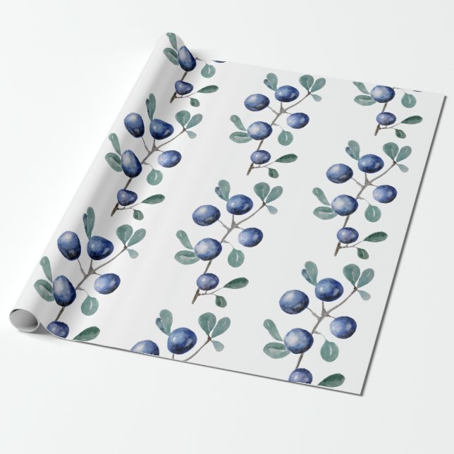 Cute Artistic Watercolor Blueberries Fruit Leaves Wrapping Paper (Unrolled)