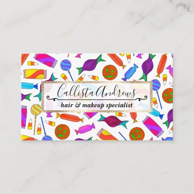 Cute Artsy Colourful Halloween Candy Watercolor Business Card (Front)