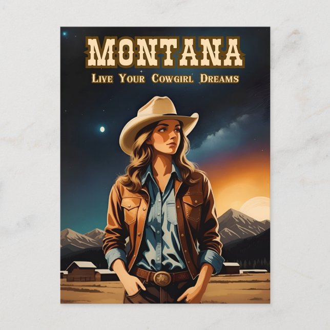 Cute Artsy Night Sky Montana Cowgirl Postcard (Front)