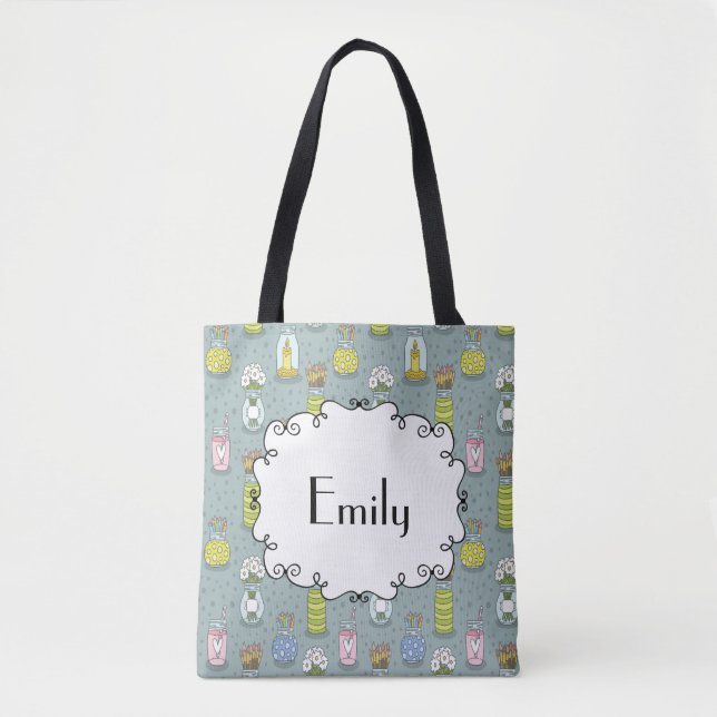 Cute Artsy Pastel Mason Jar Flowers Monogram Tote Bag (Front)