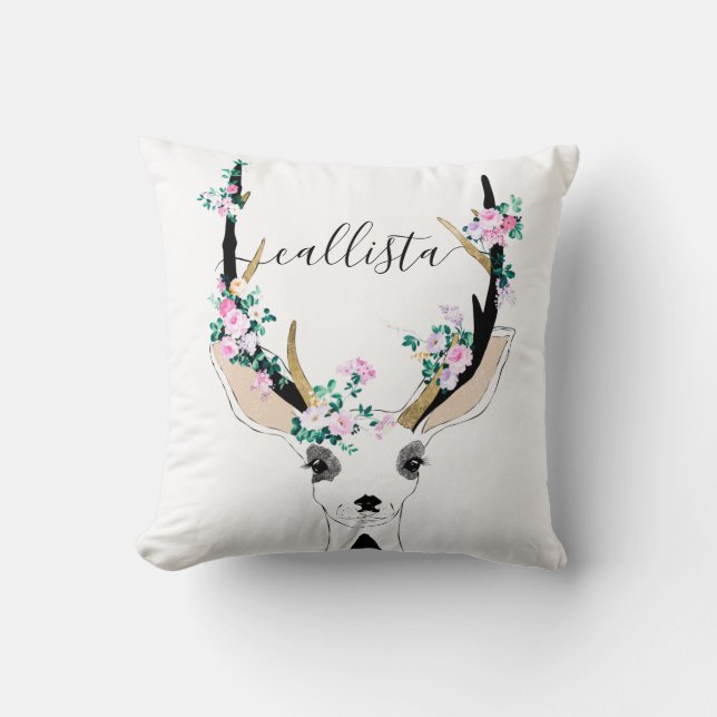 Cute Artsy Pink Floral Deer Animal Illustration Cushion (Front)