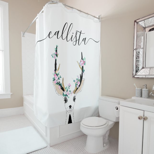 Cute Artsy Pink Floral Deer Animal Illustration Shower Curtain (In Situ)