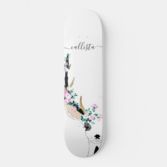 Cute Artsy Pink Floral Deer Animal Illustration Skateboard (Front)