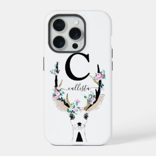 Cute Artsy Pink Floral Deer Animal Monogram iPhone 15 Pro Case