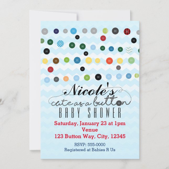CUTE AS A BUTTON Baby Shower Birthday Invitations (Front)