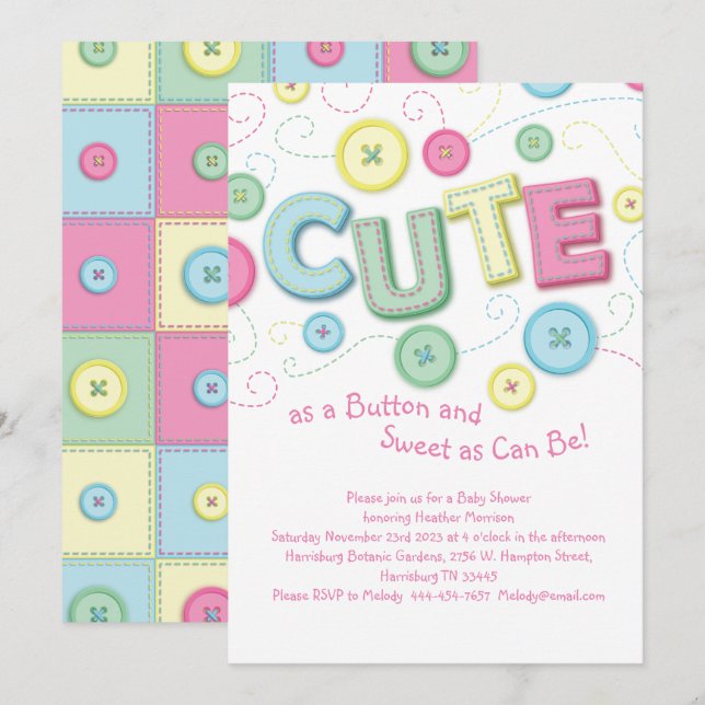 Cute as a Button Baby Shower Sewing Quilting Invitation (Front/Back)