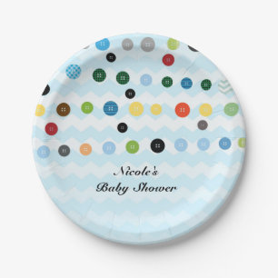 Cute As A Button Blue Baby Shower Party Paper Plate