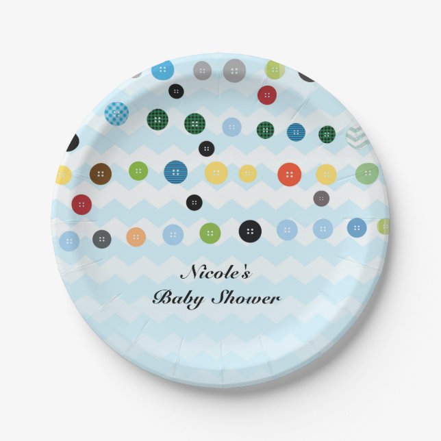 Cute As A Button Blue Baby Shower Party Paper Plate (Front)
