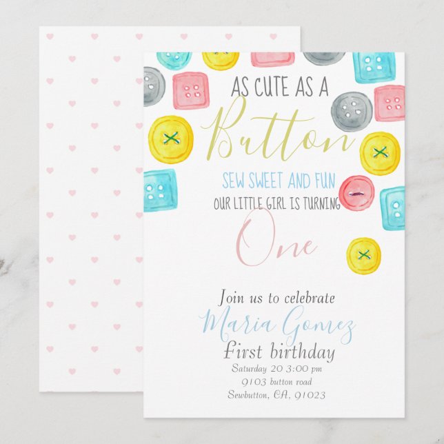 Cute as a button kid party invitation (Front/Back)