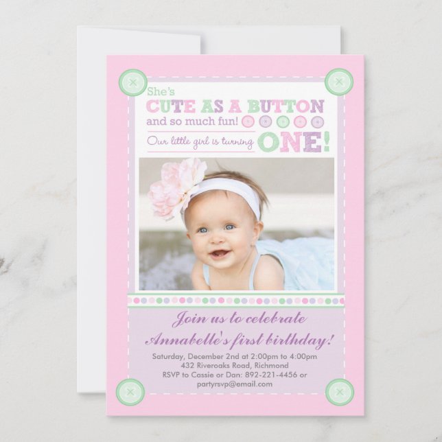 Cute as a Button (Pastels) First Birthday (Photo) Invitation (Front)