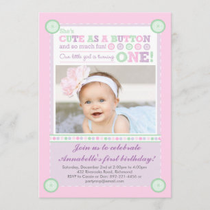 Cute as a Button (Pastels) First Birthday (Photo) Invitation
