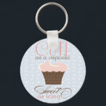 Cute as a cupcake! Pink & Brown Key Ring<br><div class="desc">Be as cute as a cupcake with this fun and friendly design! Features a cupcake with pink icing in a brown wrapper,  with the words "Cute as a cupcake". May also incorporate blue wallpaper design background and/or the text "Sweet as icing".</div>