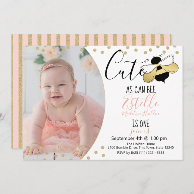 Cute as can Bee 1st Birthday Party Photo Invitation (Front/Back)