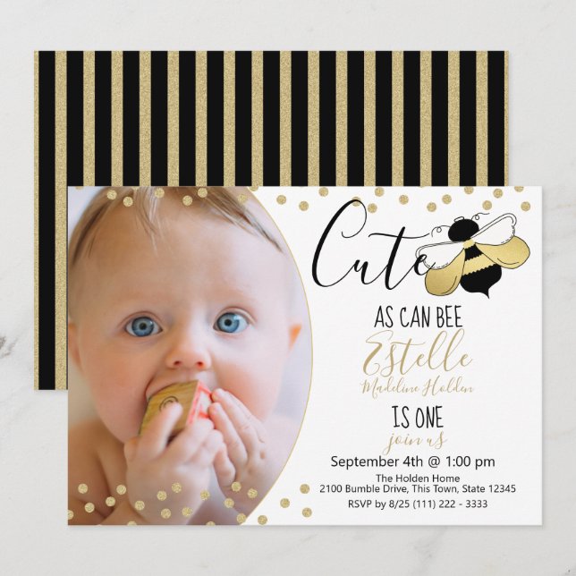 Cute as can Bee 1st Birthday Party Photo Invitation (Front/Back)