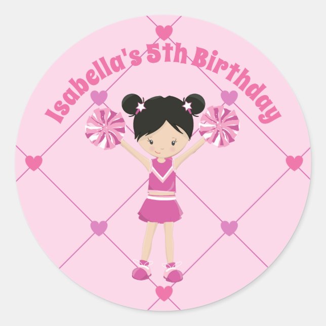 Cute Asian Cheerleader Custom Pink Birthday Party Classic Round Sticker (Front)