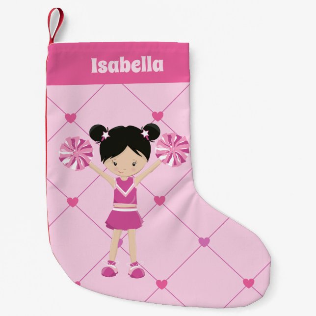 Cute Asian Cheerleader Pink Personalised Cheer Small Christmas Stocking (Front)