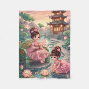 Cute Asian Dolls In Traditional Garden Landscape F Fleece Blanket