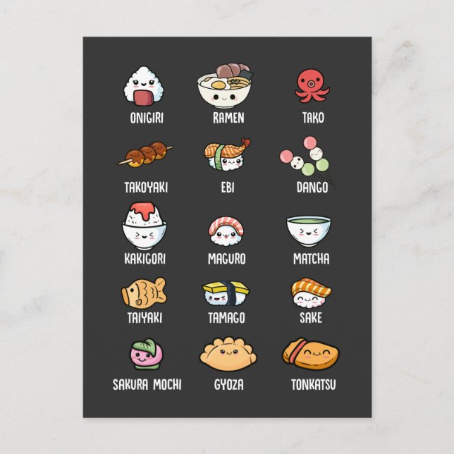 Cute Asian Food Kawaii Sushi Rice Fish Ramen Lover Postcard (Front)