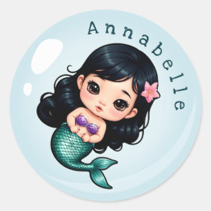 Cute Asian Mermaid in a Bubble Personalise Classic Round Sticker