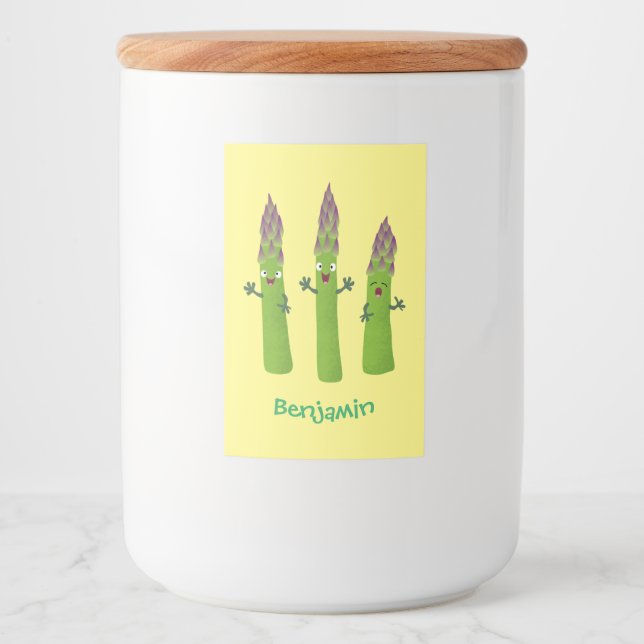 Cute asparagus singing vegetable trio cartoon food label (Front)