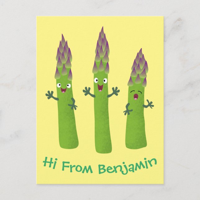 Cute asparagus singing vegetable trio cartoon postcard (Front)