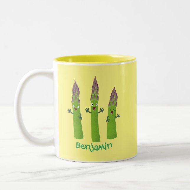 Cute asparagus singing vegetable trio cartoon Two-Tone coffee mug (Left)
