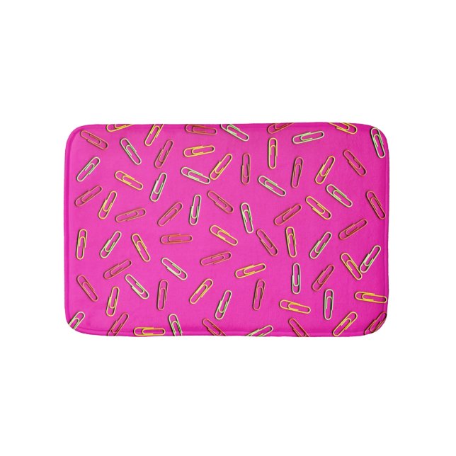 CUTE Assorted Colour Paper Clips on Pink Bath Mat (Front)