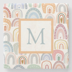 Cute Assorted Rainbow Pattern Monogram Stone Coaster