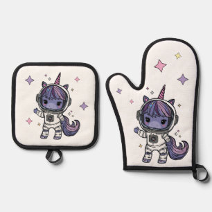 Cute Astro Unicorn Oven Mitts Mitt & Pot Holder Set