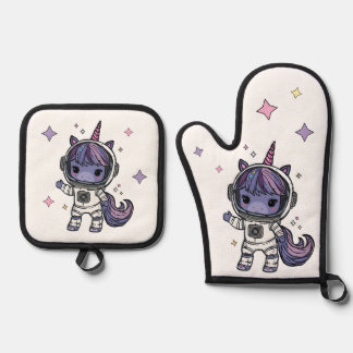 Cute Astro Unicorn Oven Mitts Mitt & Pot Holder Set