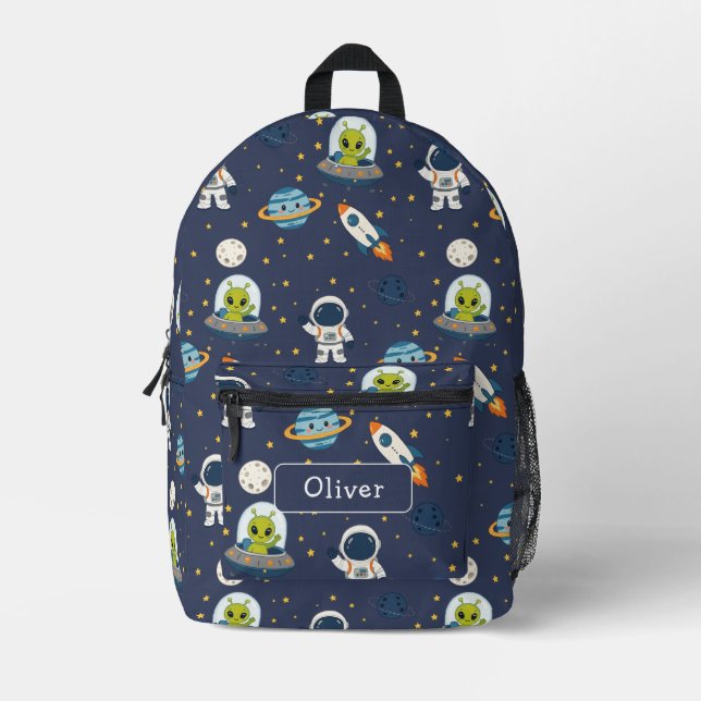 Cute Astronaut Alien Rocket Kids School Name Printed Backpack (Front)