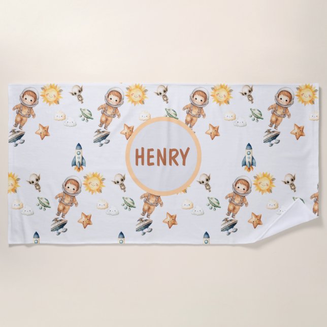 Cute Astronaut and Adorable Space Adventure Beach Towel (Front)