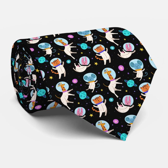 Cute Astronaut Animals Floating in Space Patterned Tie (Rolled)