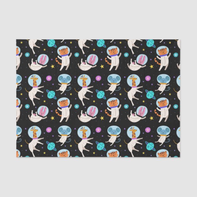Cute Astronaut Animals Floating in Space Patterned Tissue Paper (Front)