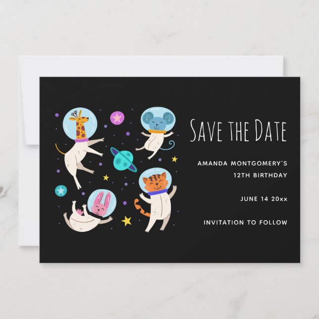 Cute Astronaut Animals Floating in Space Save The Date (Front)