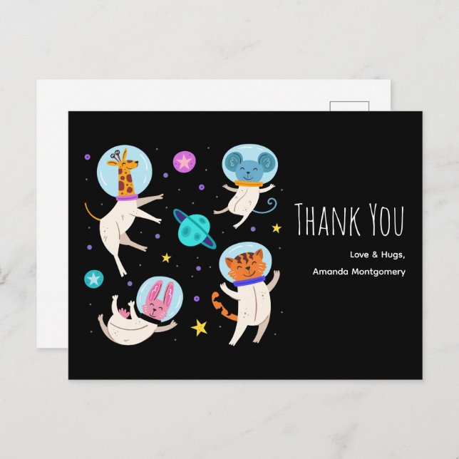Cute Astronaut Animals Floating in Space Thank You Postcard (Front/Back)