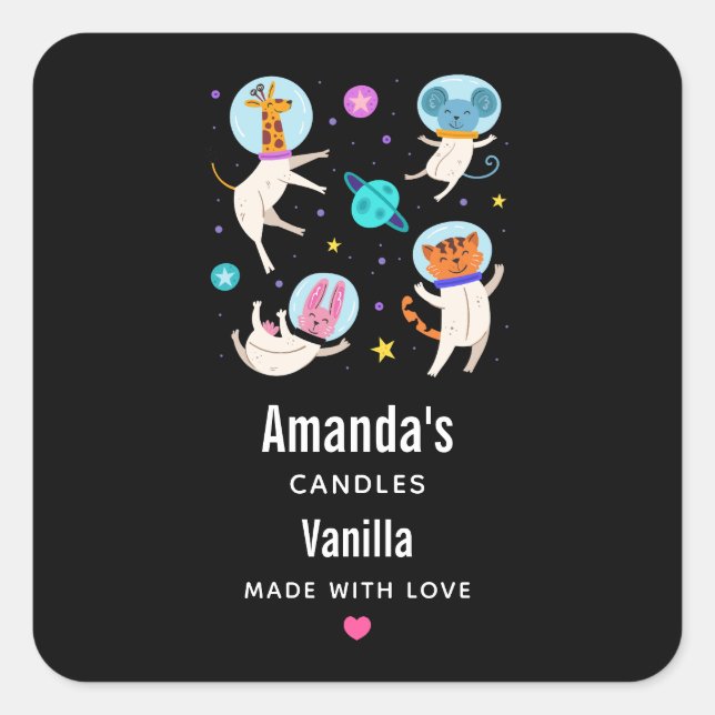 Cute Astronaut Animals in Space Candle Business Square Sticker (Front)