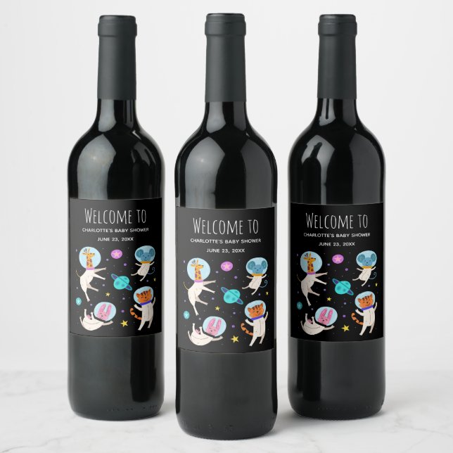 Cute Astronaut Animals in Space - Event Welcome Wine Label (Bottles)