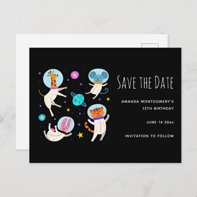Cute Astronaut Animals in Space Save the Date Invitation Postcard (Front/Back)