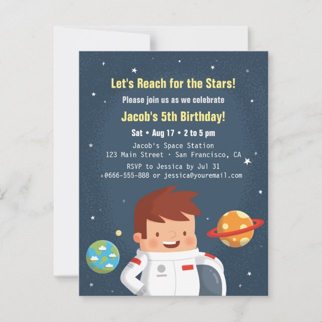 Cute Astronaut Boy Space Kids Birthday Invitations (Front)