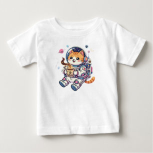 Cute Astronaut Cat Drinking Coffee In Space Kawaii Baby T-Shirt