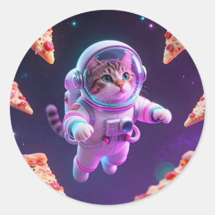 Cute Astronaut Cat Floating Pizza Space Adventure Classic Round Sticker
