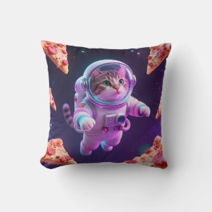Cute Astronaut Cat Floating Pizza Space Adventure Cushion