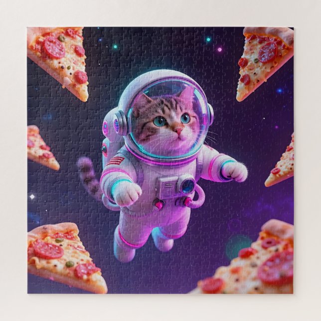 Cute Astronaut Cat Floating Pizza Space Adventure Jigsaw Puzzle (Vertical)
