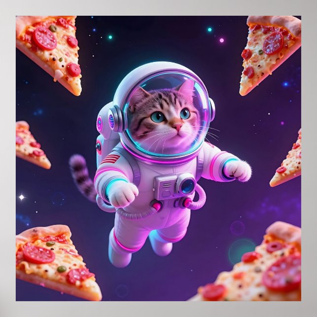Cute Astronaut Cat Floating Pizza Space Adventure Poster (Front)