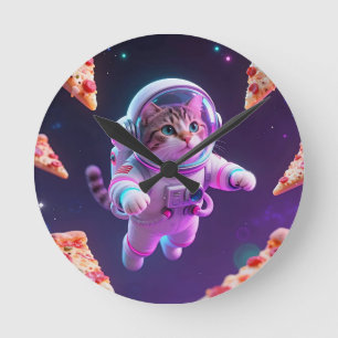 Cute Astronaut Cat Floating Pizza Space Adventure Round Clock