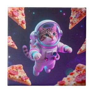 Cute Astronaut Cat Floating Pizza Space Adventure Tile