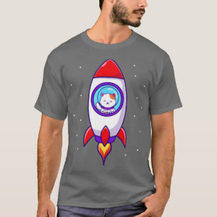 Cute Astronaut Cat Flying In Rocket Cartoon T-Shirt