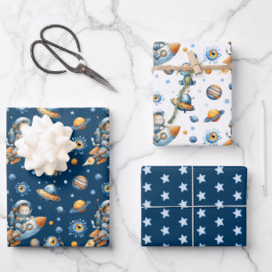 Cute Astronaut Cat Galaxy Pattern Navy Blue Space Wrapping Paper Sheet