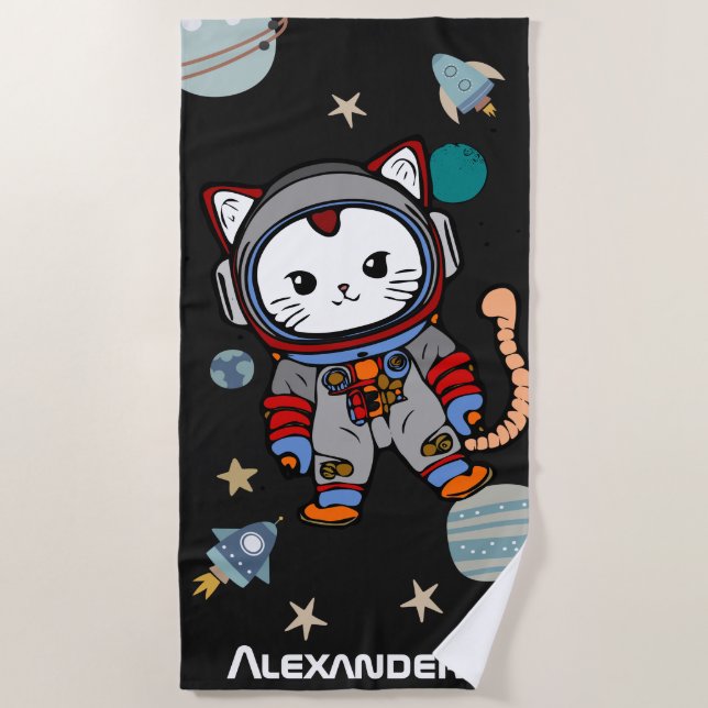 Cute astronaut cat in space  beach towel (Front)